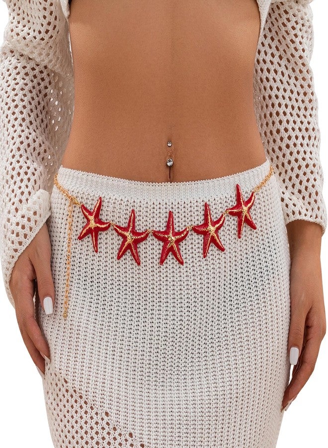 WFik Gold Metal Star Waist Chain, Bikini Starfish Jewelry, 35-Inch Long Link Belly Belt, Dress Outfit Accessory, Summer Body Jewelry for Women (Red) - Image 2